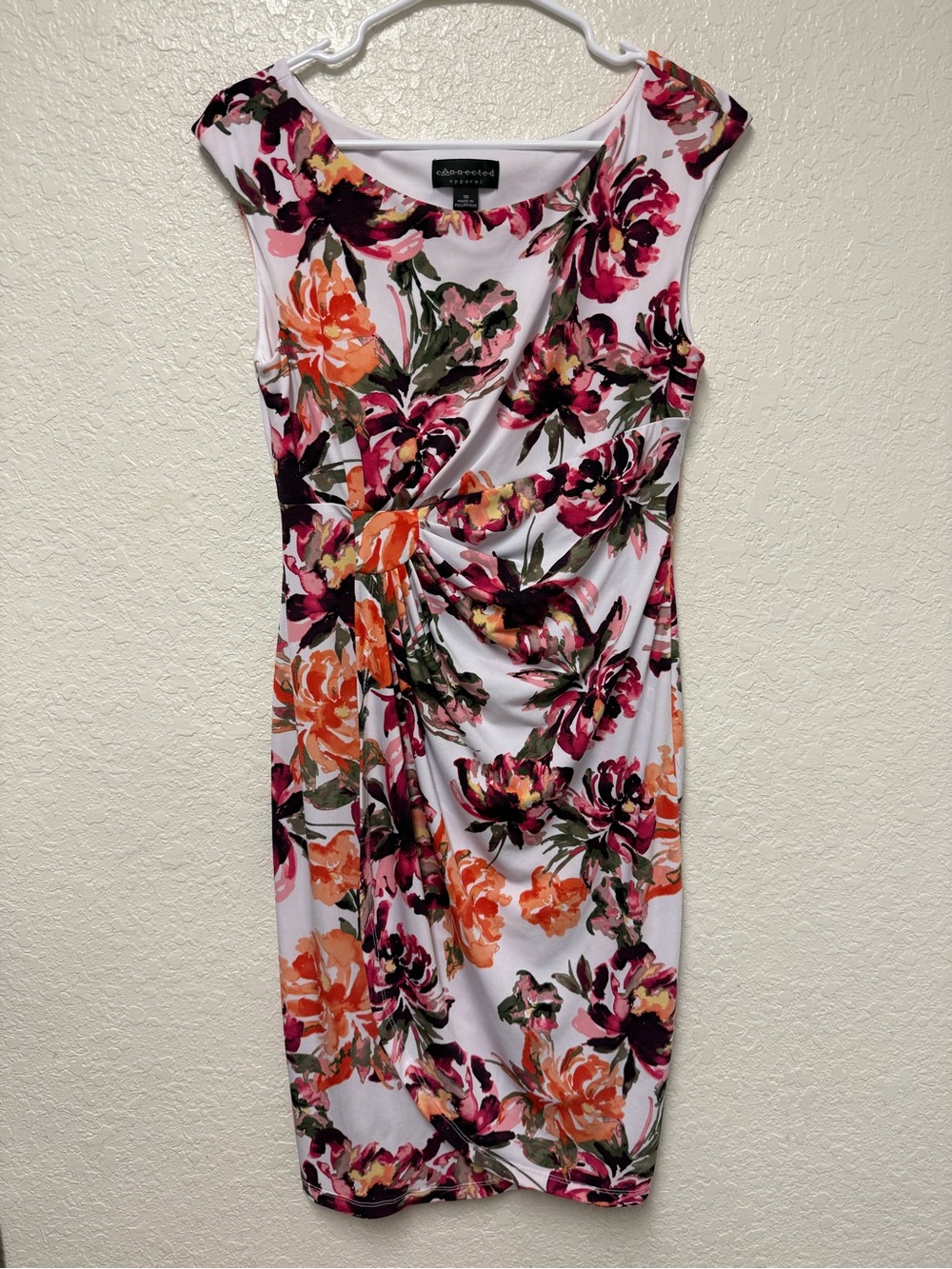 CONNECTED APPAREL White Floral Twist-Front Midi Dress - Pink & Orange Size 10